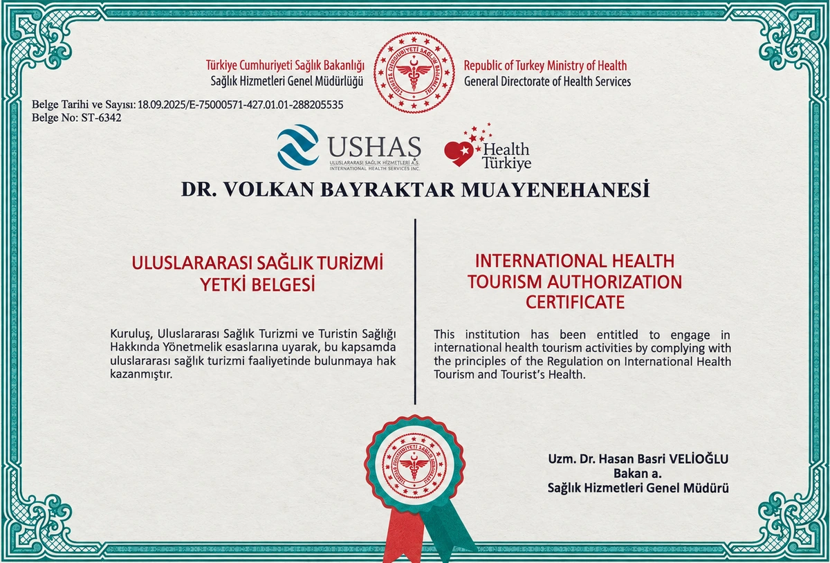 Dr. Volkan Bayraktar Muayenehanesi Uluslararası Sağlık Turizmi Yetki Belgesi
