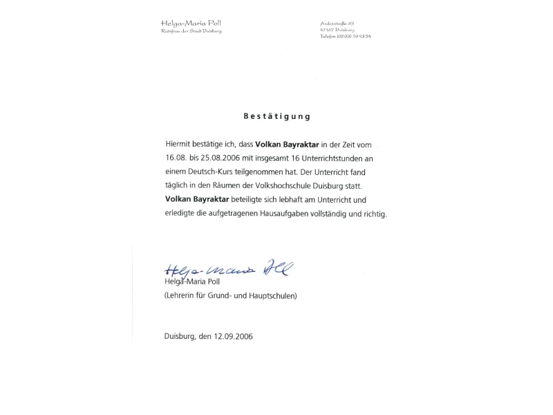 Almanca Kursu Katılım Belgesi — Duisburg · Helga-Maria Poll