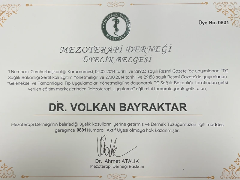 Üyelik Belgesi — Mezoterapi Derneği (MEZODER)