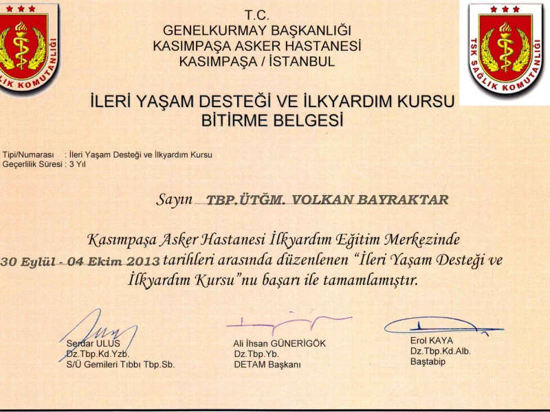 İleri Yaşam Desteği ve İlkyardım — Kasımpaşa Asker Hastanesi · Kurs Bitirme